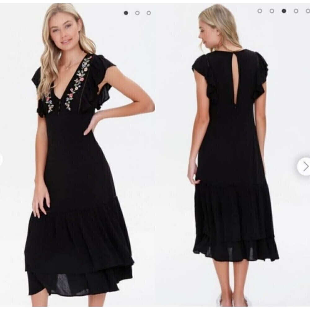Forever 21 Womens Woven Maxi Dress Small Black Multicolor Embroidered Ruffle